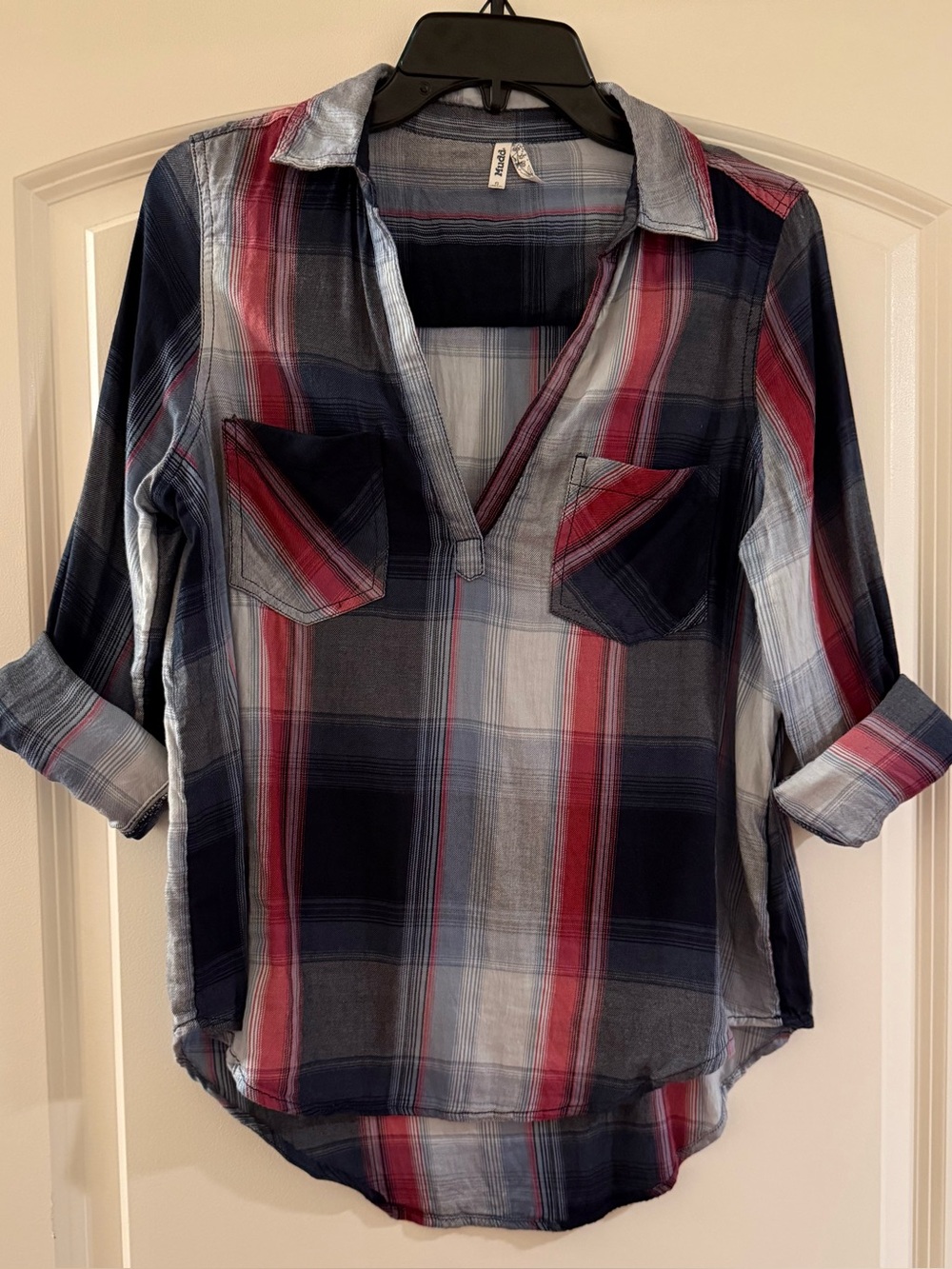 Women’s Navy & Red Plaid V-Neck Roll-Sleeve Top